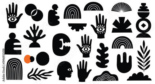 A large set of abstract and minimalist black shapes inspired by primitive art including hands faces and natural elements.