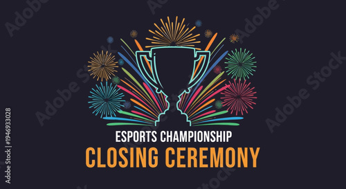 Esports Championship Closing Ceremony Celebration With Trophy and Colorful Fireworks