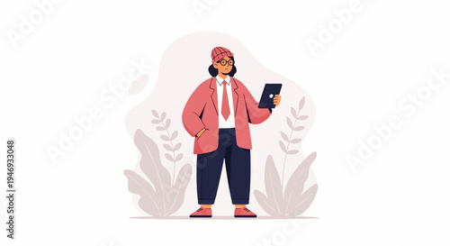 Character in stylish attire, holding a tablet, surrounded by abstract plant forms