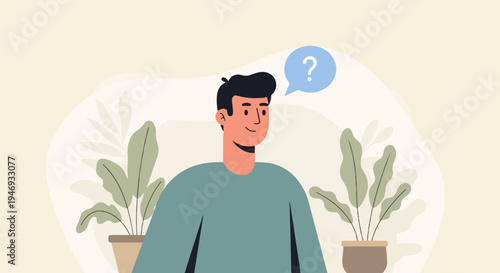 A person with a question mark in a speech bubble, surrounded by plants