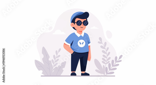 A young person in casual attire, wearing sunglasses and a cap, poses confidently outdoors