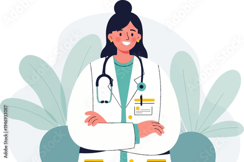 Cheerful female doctor in a white coat with a stethoscope, arms crossed, surrounded by stylized leaves
