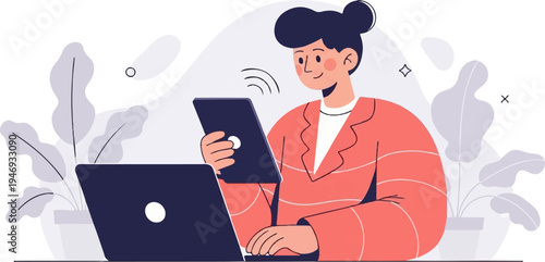 Person working on a laptop, holding a tablet, surrounded by plants