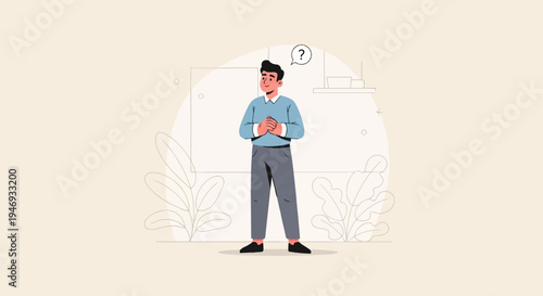 Stylized illustration of a man with his hands clasped, looking upwards with a question mark