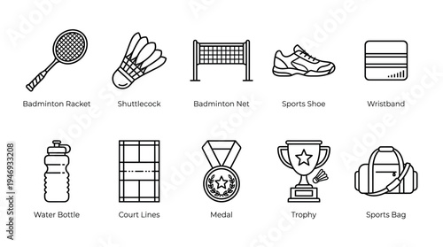 Clean line art icons showcase essential badminton equipment, including racket, shuttlecock, net, shoe, wristband, water bottle, court lines, medal, trophy, and sports bag.