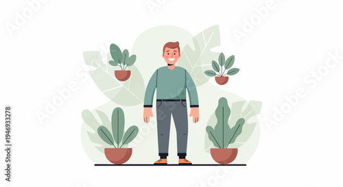A smiling man stands amidst lush green potted plants and large abstract leaves in a simple, flat illustration