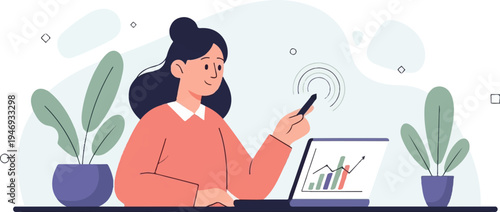Flat design illustration of a woman at a desk using a laptop and stylus