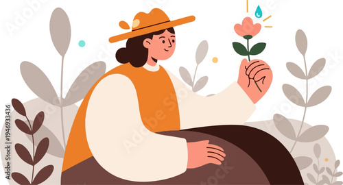 Person with a hat tending to a blooming flower in a garden