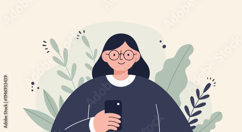 A person with glasses holds a phone surrounded by abstract plants and a pale background