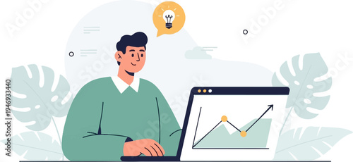 A person works on a laptop with a graph and an idea bulb