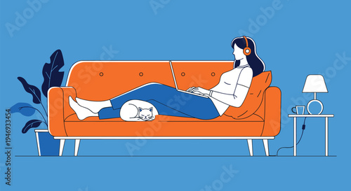 A woman working from home listens to music on headphones while relaxing on an orange sofa with a laptop and a sleeping cat.