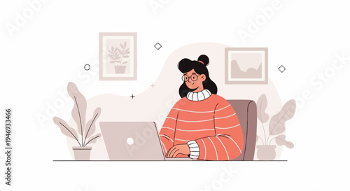 A person with glasses and a ponytail in an orange sweater sits at a laptop, surrounded by plants