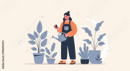 A person watering plants in a garden with a watering can and a small cup
