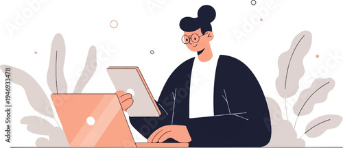 Person working on laptop and tablet surrounded by abstract foliage