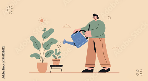 Person watering plants with a watering can under a cartoon sun