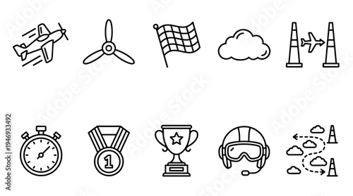 A collection of vector line art icons depicting elements of aviation sports including a plane, propeller, checkered flag, cloud, pilot helmet, trophy, stopwatch, and medal.