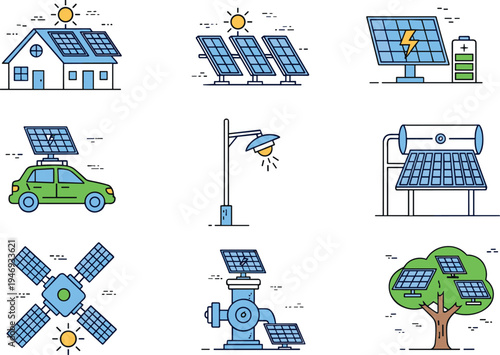 Vector illustration of solar energy applications including house panels, car, street lamp, battery, satellite, water heater, and tree, symbolizing renewable power, sustainability, environment