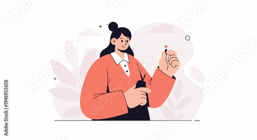 A woman in a coral top and white collar holds a pen, drawing on a blank canvas