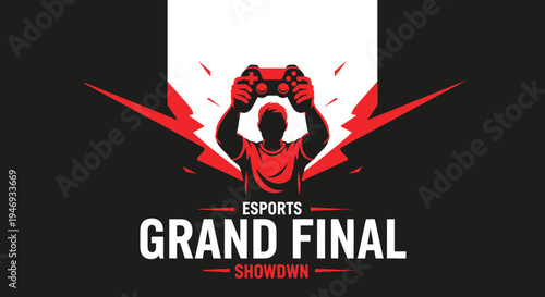 Esports Grand Final Showdown Graphic Depicting Gamer Celebrating Victory Minimalist Design