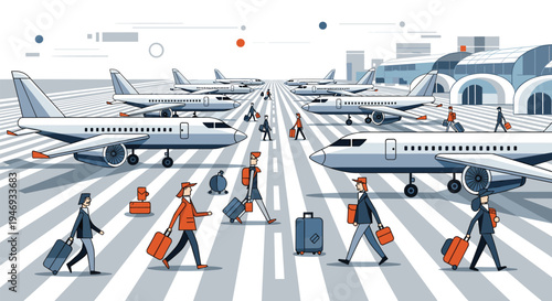 A busy airport tarmac scene with multiple airplanes parked and passengers with luggage walking to board their international flights.