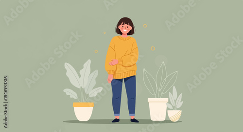 Cheerful person in a cozy sweater stands between two potted plants