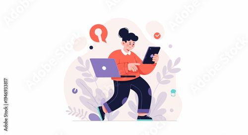 Modern person multitasking with laptop and tablet amidst abstract floral design