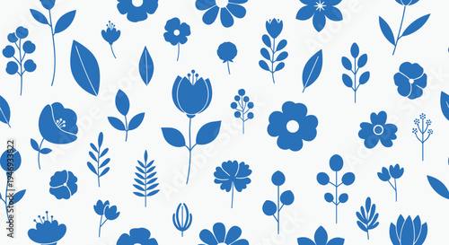 A simple and elegant seamless pattern of various blue floral and botanical silhouettes on a clean white background.
