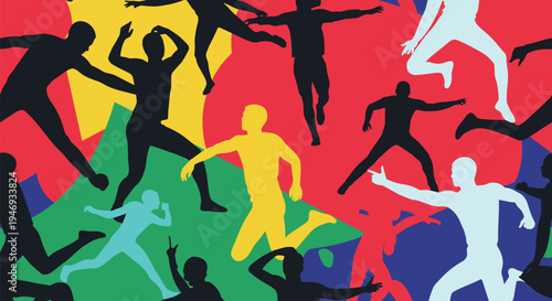An energetic and abstract composition of colorful silhouettes of people running and jumping against a vibrant background of shapes.