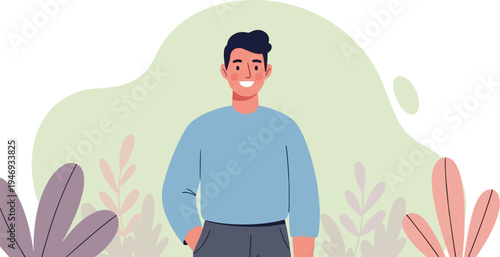A smiling person in a light blue sweater and dark pants, with plants in the background