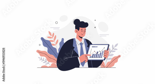 Person in suit presenting a tablet showing a bar graph with upward trend