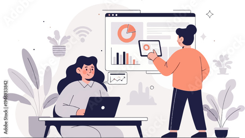 Two people in a modern office collaborate on a project, analyzing charts on a digital screen