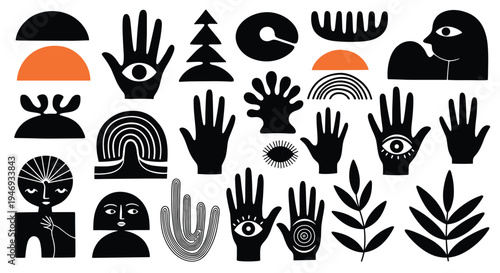 A creative set of abstract and minimalist black shapes inspired by primitive and surrealist art including hands eyes and faces.