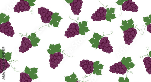 A fresh and simple seamless pattern of ripe purple grapes with green leaves and vines scattered on a white background.