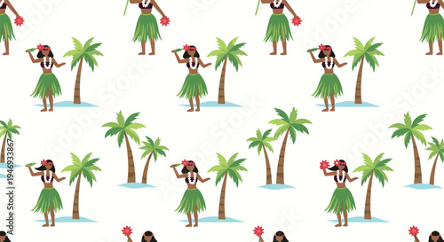 A charming seamless tropical pattern featuring Hawaiian hula dancers in grass skirts and palm trees on a light background.