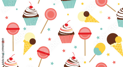 A sweet and delightful seamless pattern of cartoon cupcakes ice cream cones and lollipops with stars on a white background.