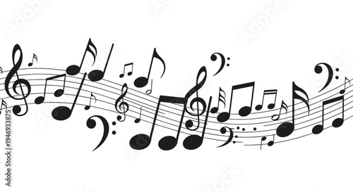 A dynamic and flowing wave of black musical notes and symbols on a winding staff representing melody and harmony in music.