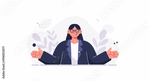 A flat illustration of a woman in glasses and a suit, with arms outstretched