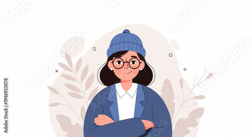 Flat illustration of a woman with glasses and beanie, arms crossed