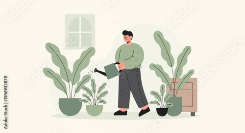 Person watering plants inside with a window and cabinet