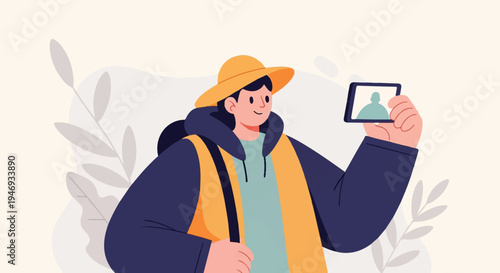 A person wearing a hat and vest holds a phone to take a picture