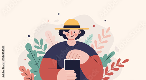A person with a yellow hat and blue shirt holds a black device in a nature-themed scene