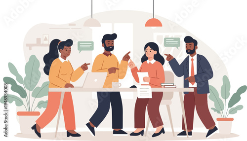 Diverse group of colleagues collaborating and discussing ideas around a modern office table