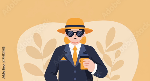 Stylish figure in a suit and hat holds a drink, surrounded by abstract leaves