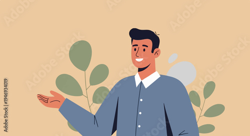 A cheerful man in a blue shirt gestures with his hand, with leafy branches and soft shapes in the background