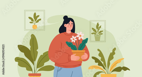 A person with a potted plant surrounded by lush greenery and framed botanical art