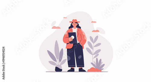 A person in a hat and blazer stands with a book