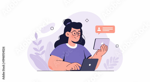 Person using laptop and tablet with chat bubble and abstract plant art