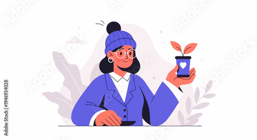 Stylized person in a blue coat and hat holds a potted plant with a heart design