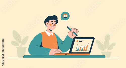 Person at desk with laptop showing chart, pen in hand, plants nearby