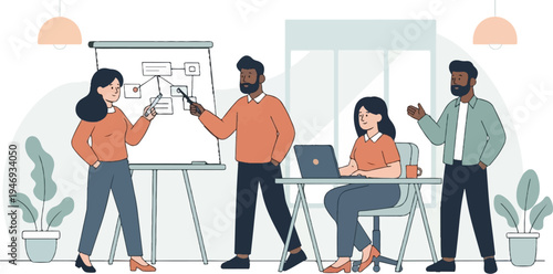 Diverse team collaborates in an office setting, discussing ideas at a whiteboard and with a laptop